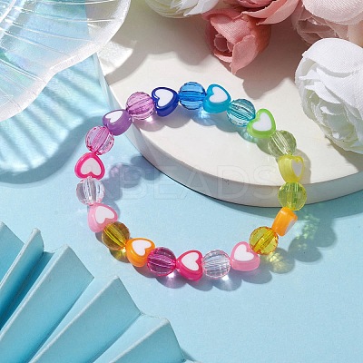 Heart & Faceted Round Acrylic Beaded Stretch Bracelets BJEW-JB10245-01-1