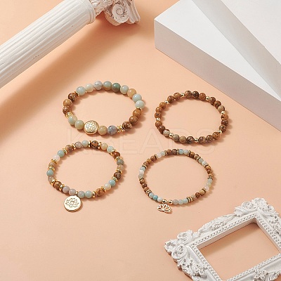 Natural Flower Amazonite & Picture Jasper Beaded Stretch Bracelets Sets with Non-Magnetic Synthetic Hematite BJEW-JB09280-1