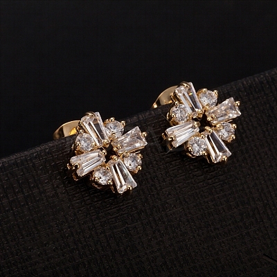 Real 18K Gold Plated Flower Brass Cubic Zirconia Stud Earrings EJEW-EE0001-220-1