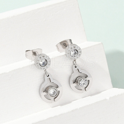 Flat Round 304 Stainless Steel Micro Pave Clear Cubic Zirconia Dangle Stud Earrings EJEW-Z089-28P-1