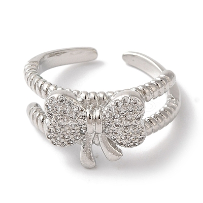 Bowknot Brass Micro Pave Clear Cubic Zirconia Open Cuff Rings for Women RJEW-C098-01P-1