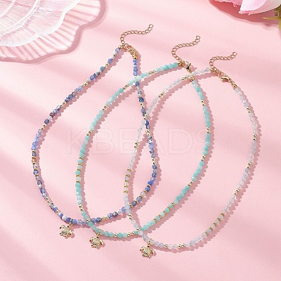 3Pcs 3 Styles Ocean Brass Turtle Pendant Faceted Round  Natural Aquamarine & Amazonite & Dyed Agate Beaded Necklaces NJEW-JN05736-1