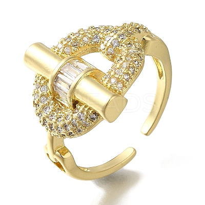 Rack Plating Oval with Bar Brass Clear Cubic Zirconia Open Cuff Rings RJEW-S411-28G-1