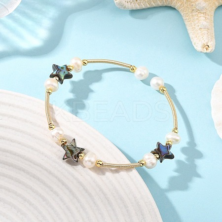 Natural Paua Shell & Potato Pearl Beaded Stretch Bracelets BJEW-JB14172-02-1