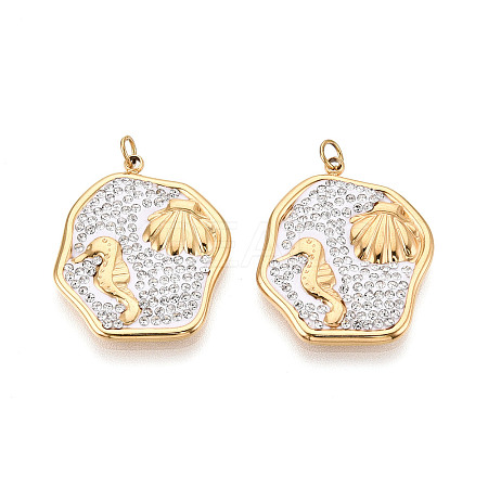 304 Stainless Steel and Polymer Clay Crystal Rhinestone Pendants STAS-T069-60F-1
