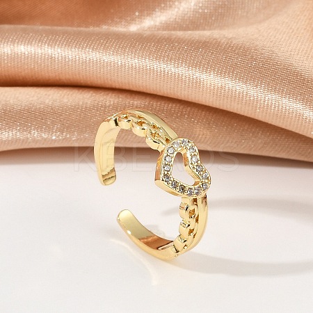Heart Brass Micro Pave Clear Cubic Zirconia Open Cuff Rings for Women RJEW-G343-01G-1