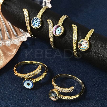 Brass Micro Pave Clear Cubic Zirconia Enamel Cuff Rings for Women RJEW-L113-034G-1