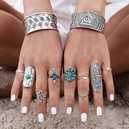 9Pcs Alloy with Synthetic Turquoise Finger Rings FS-WGB916C-05-1