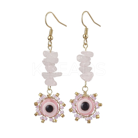 Evil Eye Natural Rose Quartz Chip & Seed Beads Dangle Earrings EJEW-MZ00166-01-1