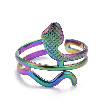 Rainbow Color Ion Plating(IP) 304 Stainless Steel Snake Chunky Open Cuff Ring for Women RJEW-A005-38MC-1