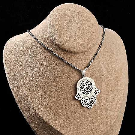 201 Stainless Steel Hollow Religion Hamsa Hand Pendant Necklaces NJEW-M086-01P-1