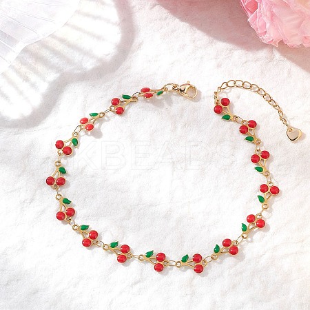 304 Stainless Steel Enamel Red Cherry Link Anklets for Women AJEW-AN00773-1