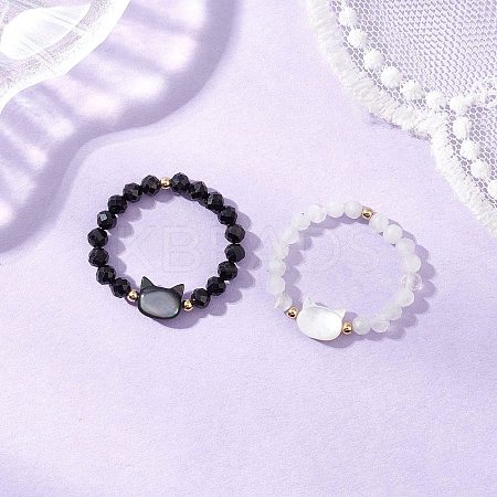 Natural Rainbow Moonstone and Natural Black Tourmaline Beaded Rings RJEW-TA00196-1