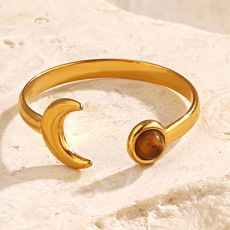 304 Stainless Steel with Dyed Tiger Eye Open Cuff Rings for Women RJEW-K303-11G-1