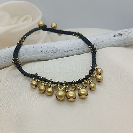 Ethnic Style Brass Bell Charm Braided Waxed Cord Adjustable Anklets for Women FS-WG2B00D-02-1