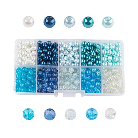 Mixed Baking Paint Crackle Glass & Glass Pearl Bead Sets HY-X0009-6mm-03-1