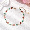 Brass Enamel with Green Glass Red Cherry Link Anklets for Women AJEW-AN00772-1