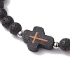 Cross Natural Lava Rock Beads & Wood Round Beads Stretch Bracelets for Men Women BJEW-JB11832-01-3