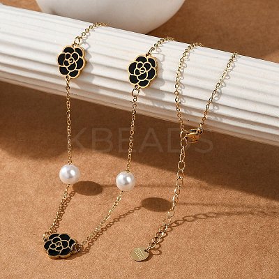 Ion Plating(IP) 304 Stainless Steel Black Enamel Flower Pendant Necklaces for Women NJEW-M078-09G-1