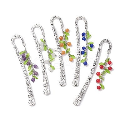 Mixed Natural Gemstone Bead Pendant Bookmarks with Acrylic Leaf AJEW-JK00272-1
