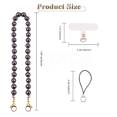 Non-Magnetic Synthetic Hematite & 304 Stainless Steel Round Beaded Mobile Straps HJEW-SW00043-01-1