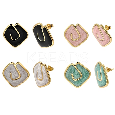 Rhombus 201 Stainless Steel Enamel Stud Earrings EJEW-Z151-12G-01-1