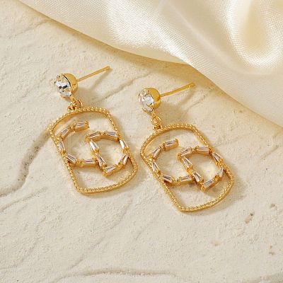 Geometric Hollow Brass Clear Cubic Zirconia Stud Earrings RV3263-1-1