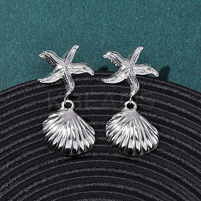 304 Stainless Steel Shell Shape with Starfish Dangle Stud Earrings EJEW-Z135-02P-01-1