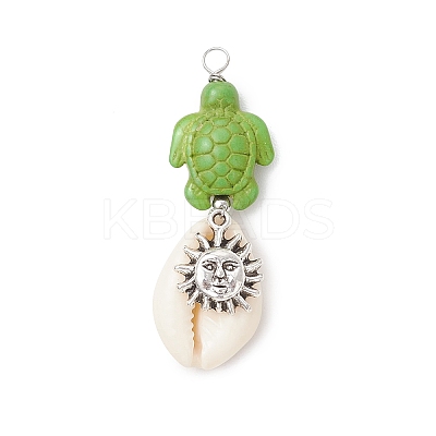 5Pcs 5 Styles Natural Cowrie Shell & Dyed Synthetic Turquoise Turtle Copper Wire Wrapped Pendants PALLOY-JF04034-01-1