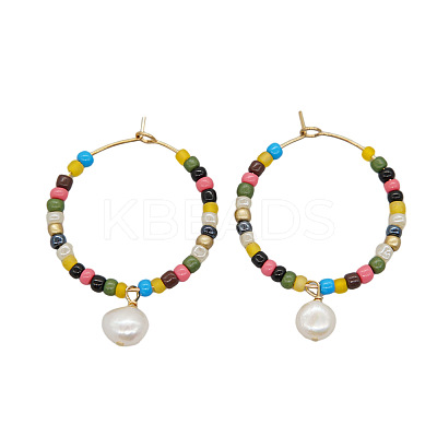 Stainless Steel Freshwater Pearl Oval Hoop Earrings HR9859-4-1