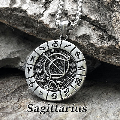Flat Round with Engraved Twelve Constellation Alloy Pendant Necklace for Women Men WG25F4B-10-1