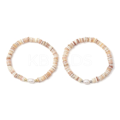 2Pcs Natural Cultured Freshwater Pearl & Shell & Brass Spacer Beads Stretch Bracelets for Women BJEW-JB11874-1