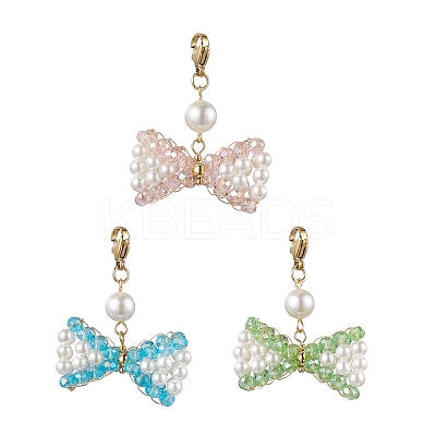 Bowknot Shell Pearl & Glass Pendants Decorations HJEW-TA00218-1