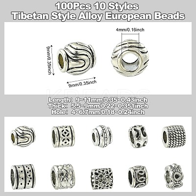 100Pcs 10 Styles Tibetan Style Alloy European Beads FIND-CJ0003-73-1