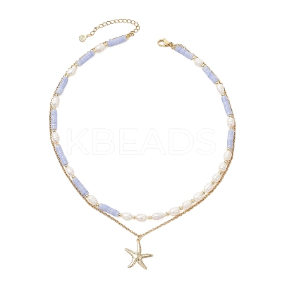 Synthetic Blue Lace Agate Heishi Beads and Rice Natural Pearl Beaded Double Layer 304 Stainless Steel Starfish Pendant Necklaces NJEW-JN05847-01-1