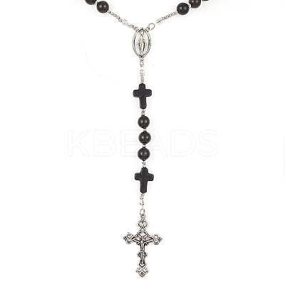 Synthetic Turquoise & Wood Rosary Bead Necklace NJEW-JN04431-04-1
