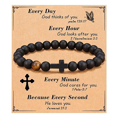 Cross Natural Tiger Eye & Frosted Black Obsidian Round Beads Stretch Bracelets for Men Women WG92FBF-04-1
