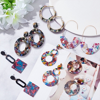 6 Pairs 6 Style Oval & Square & Donut Acrylic Dangle Stud Earrings EJEW-AN0003-36-1