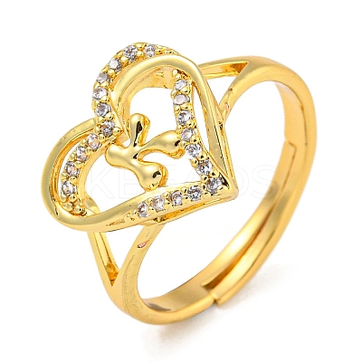 Heart with Letter Rack Plating Brass Micro Pave Clear Cubic Zirconia Adjustable Rings for Women RJEW-I105-01G-K-1