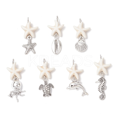 7Pcs 7 Styles Natural Howlite Starfish & Alloy Sea Animals Pendants PALLOY-JF03752-02-1