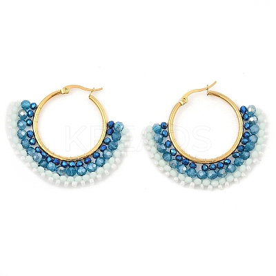 304 Stainless Steel & Bohemian Beaded Fan Hoop Earrings for Women EJEW-R001-01G-01-1