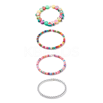 4Pcs 4 Style Handmade Polymer Clay Fruit & Synthetic Hematite & Turquoise(Dyed) Beaded Bracelets Set BJEW-JB08693-1