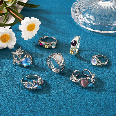 7Pcs 7 Style Rhinestone Heart & Star & Half Round Open Cuff Rings Set with Cat Eye Beaded RJEW-TA0001-03-1
