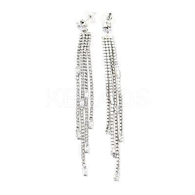 Clear Cubic Zirconia & Crystal Rhinestone Long Tassel Dangle Stud Earrings LS-EJEW-C037-07B-P-1