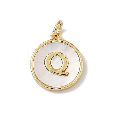 Brass Pave Natural Shell Flat Round with Letter Charms KK-Z115-13G-Q-1