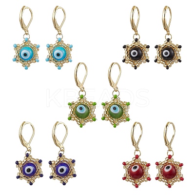 Star of David Evil Eye Handmade Glass Seed Beads with Lampwork Hoop Earrings EJEW-MZ00389-1