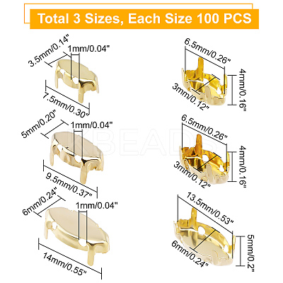 300Pcs 3 Style 201 Stainless Steel Sew on Prong Settings STAS-DC0004-26-1