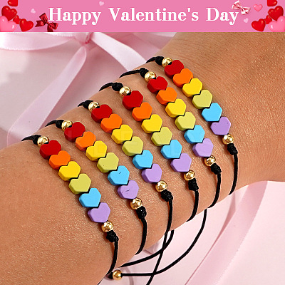 Gemstone Rainbow Heart Beaded Black Cord Adjustable Bracelet for Women YA9246-1-1