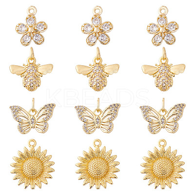 12Pcs 4 Styles Brass Pave Cubic Zirconia Pendants KK-GA0001-75-1