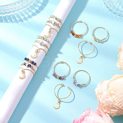 3Pcs Copper Wire Wrapped Gemstone Faceted Round Bead Finger Rings for Women RJEW-JR00887-1